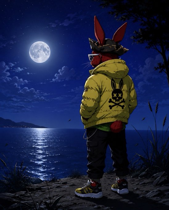 An illustration of a rabbit-headed character in a yellow puffer jacket with a skull bunny logo, wearing sunglasses and standing under a full moon by the sea at night.