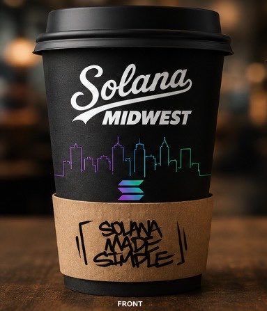 A black take-away coffee cup with a cork sleeve featuring 'Solana Midwest' branding, a neon city skyline design, the Solana logo, and a graffiti-style 'Solana Made Simple' tag on the sleeve, labeled 'FRONT' at the bottom.