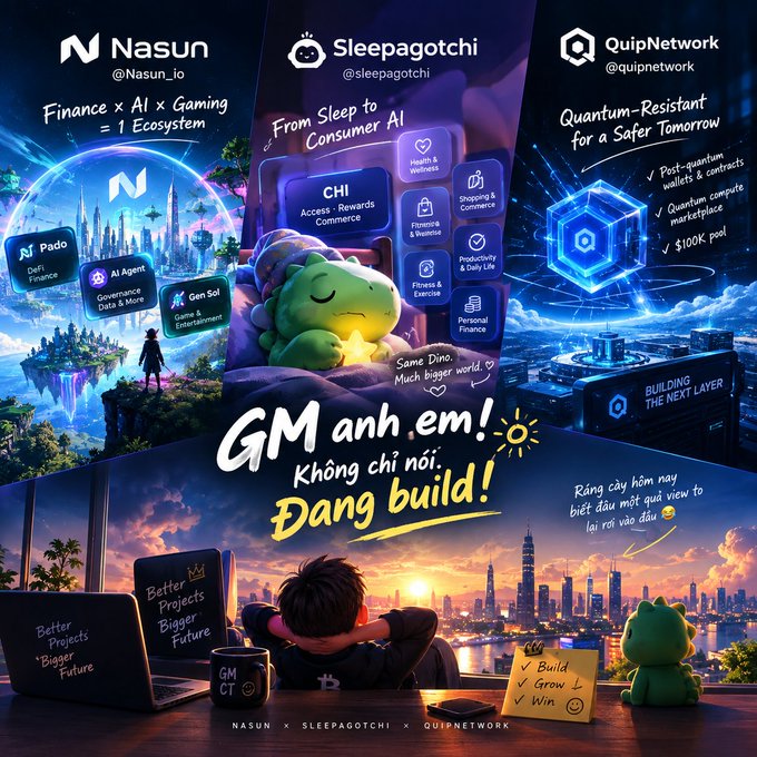A vibrant collaboration announcement for Nasun (@Nasun_io), Sleepagotchi (@sleepagotchi), and QuipNetwork (@quipnetwork), highlighting their respective focuses on Finance x AI x Gaming, Sleep to Consumer AI, and Quantum-Resistant technology, with 'GM anh em! Đang build!' featured prominently.