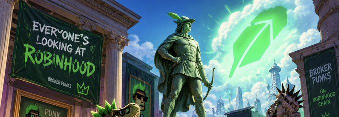 A promotional banner featuring a Robin Hood statue with banners reading 'EVERYONE'S LOOKING AT ROBINHOOD' and 'BROKER PUNKS ON ROBINHOOD CHAIN', alongside a green upward arrow logo.