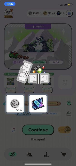 A mobile game screenshot showing a 'Walker' character at level 30 with rewards including gems and a crystal, ready to 'Continue.'