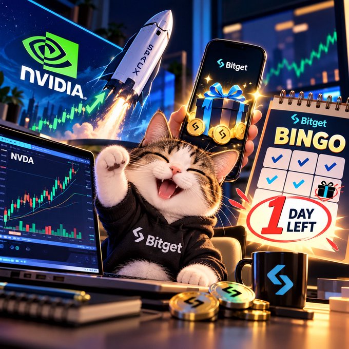 A promotional image for Bitget featuring a smiling cat mascot in a Bitget hoodie celebrating with gifts, alongside an NVIDIA rocket graphic and a Bing calendar showing '1 DAY LEFT' for a giveaway.
