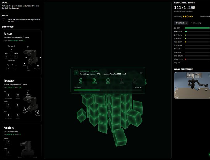 A screenshot of a robotics training simulation interface, showing a task interface for manipulating objects with green cubes, and a loading window "PREPARING SIMULATOR" loading scene at "scenes/task_2933.xml". The image relates to the post by showcasing the AXIS Robotics platform (@axisrobotics), which the user promotes as the driving force ("locomotive") behind the upcoming @KaitoAI content trend on their homepage.