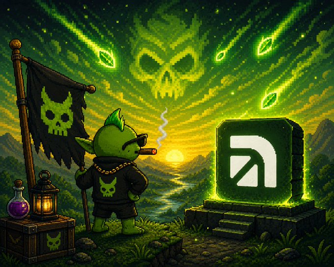 A pixel-art goblin wearing a Gremlin Finance skull shirt and holding a tattered skull banner stands before a glowing green monolith emblazoned with the ARCUS ("A") logo, with a menacing green skull sky looming above—visually depicting the "Cartel expanding" as Gremlin Finance integrates ARCUS for swaps and perps into one unified platform.