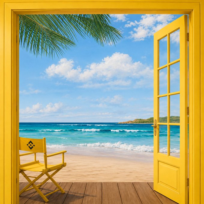 A bright yellow French door opens onto a wooden deck, revealing a tropical beach scene with turquoise waters, gentle waves, a director's chair, and a palm frond overhead, perfectly capturing the post's invitation to welcome new opportunities with open arms.