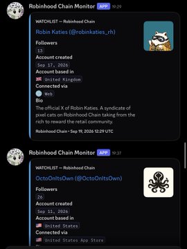The image displays two X (formerly Twitter) posts from the account "Robinhood Chain Monitor," sharing raw data on early Robinhood Chain projects. The top post features "Robin Katties" (@robinkatties_rh), a watchlist with 13 followers, created on September 17, 2026, based in the United Kingdom, with the bio: "The official X of Robin Katties. A syndicate of loyal kattz on Robinhood Chain sitting from the rich to reward the retail community." The second post highlights "OctoOnitsOwn" (@OctoOnitsOwn), an account with 26 followers, created on September 26, 2026, based in the United States, connected via the United States App Store. These profiles align with the accompanying post's list of early Robinhood Chain projects worth researching, providing visual evidence of these specific accounts and their details.