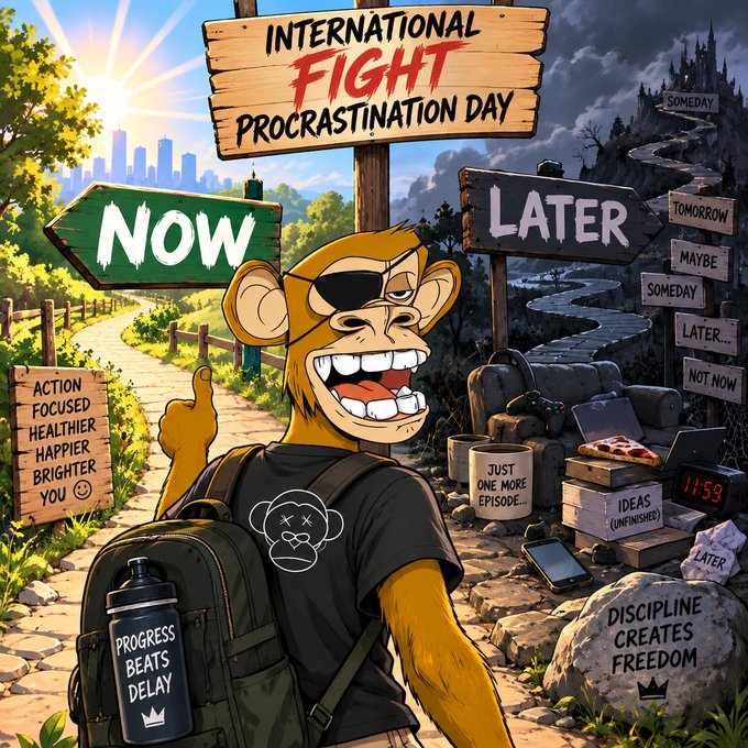 A vibrant illustrated poster for 'International Fight Procrastination Day' featuring a smiling monkey wearing sunglasses and a backpack, standing between two paths labeled 'NOW' (sunny, positive) and 'LATER' (dark, with procrastination-themed signs like 'Tomorrow', 'Maybe', 'Someday').