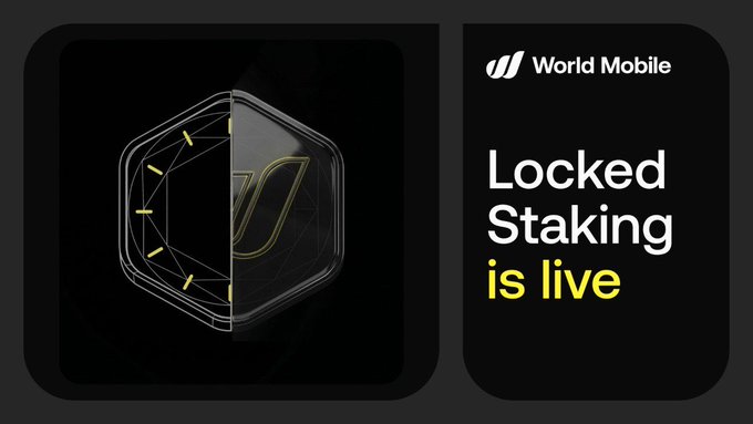 A promotional graphic from World Mobile announcing "Locked Staking is live" featuring the $WMTx logo beside the headline, complementing the post's announcement of new locked staking options with 3, 6, 9, or 12-month terms.