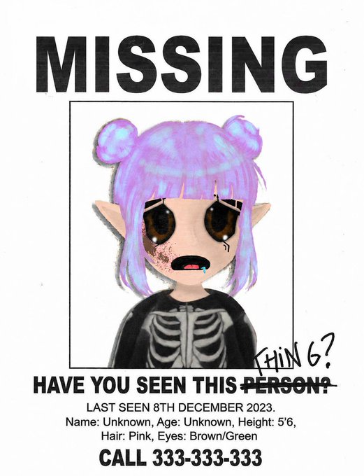 A 'MISSING' poster featuring an illustrated character with purple hair in buns and a skeleton shirt, listing details: 'LAST SEEN 8TH DECEMBER 2023. Name: Unknown, Age: Unknown, Height: 5'6, Hair: Pink, Eyes: Brown/Green' with 'CALL 333-333-333'.