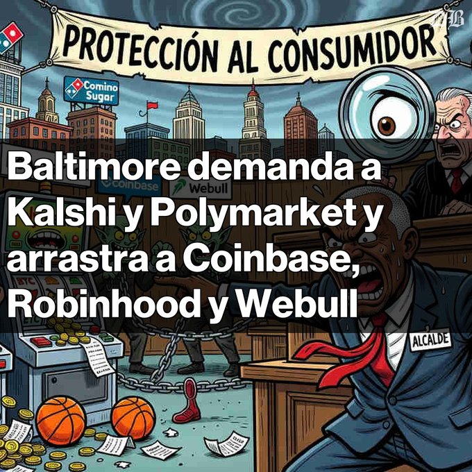 A Spanish-language news graphic titled 'PROTECCIÓN AL CONSUMIDOR' with text 'Baltimore demanda a Kalshi y Polymarket y arrastra a Coinbase, Robinhood y Webull' over a cartoon courtroom scene.