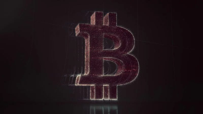 A stylized 3D rendering of the Bitcoin logo in a dark red wireframe/dotted style against a black background.