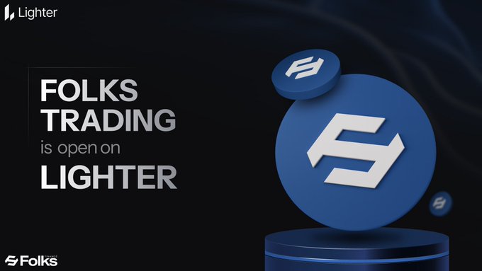 The image is a promotional graphic announcing that "FOLKS TRADING is open on LIGHTER," featuring the Lighter logo and a large blue circular emblem with the Folks Finance "F" symbol alongside the Folks branding. It directly supports the post's announcement of $FOLKS being listed on @Lighter_xyz.