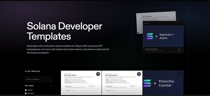 A promotional graphic titled "Solana Developer Templates" advertising production-ready templates for dApps, DeFi, and NFT marketplaces, with cards showing options like "Keychain + Axum" and "Pinocchio + Counter".