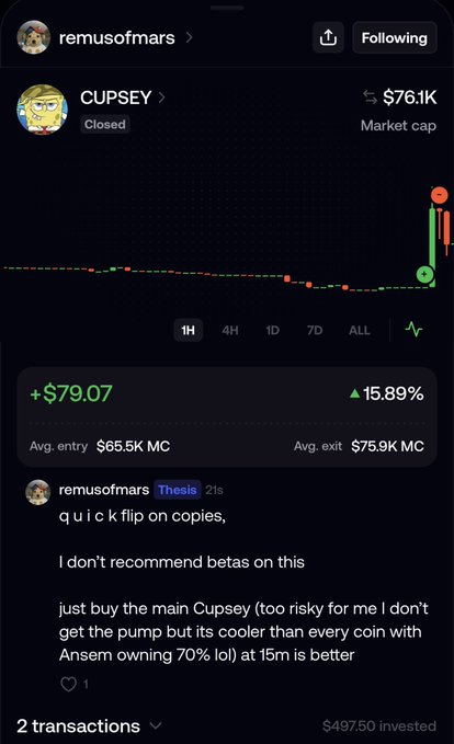 A screenshot of a trading interface shows the $CUPSEY token with a $76.1K market cap and a +$79.07 (15.89%) gain over 1 hour, posted by user "remusofmars" under a "Thesis" tag. The accompanying post calls out Remus for allegedly using a 70K topper he launched to PvP the Cupsey coin and farming his copytraders rather than trading legitimately.