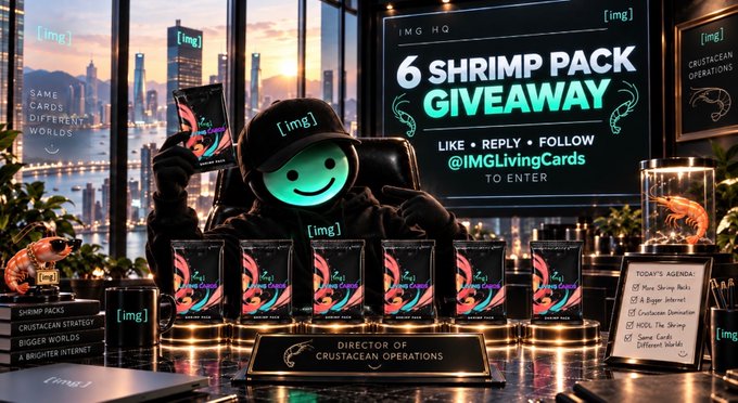 An AI-generated promotional image shows a hooded figure with a green smiley face at an 'IMG HQ' desk advertising a '6 SHRIMP PACK GIVEAWAY' for @IMGLivingCards.