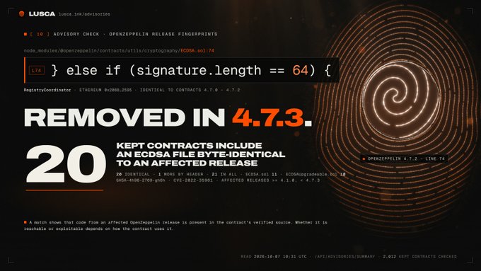 A digital dashboard from LUSCA titled 'ADVISORY CHECK · OPENEPPELIN RELEASE FINGERPRINTS,' warning that 20 ECDSA contracts include an ECDSA file byte-identical to an affected release, with the advisory status marked as 'REMOVED IN 4.7.3' for OpenZeppelin 4.7.2 line 74.