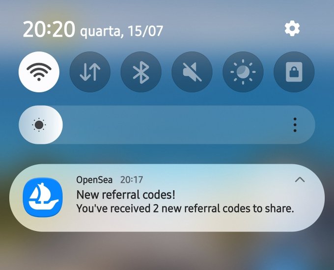 Android quick settings screenshot from Wednesday 15/07 at 20:20, showing an OpenSea notification about receiving 2 new referral codes to share.