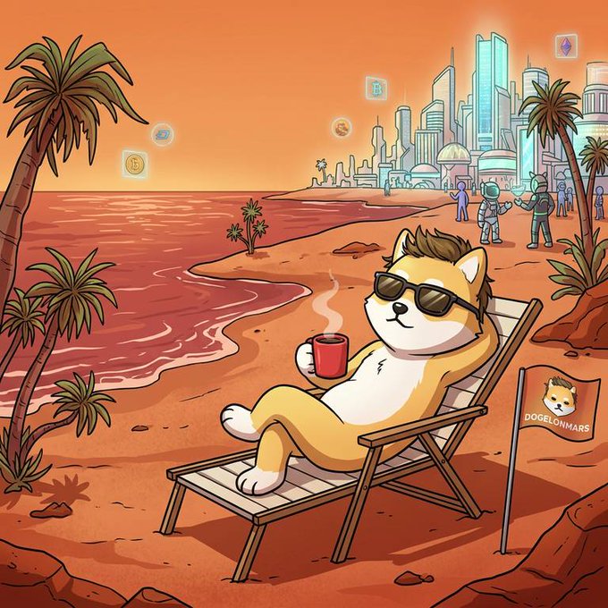A Shiba Inu wearing sunglasses relaxes on a beach chair sipping from a red mug, with a "DOGELONMARS" flag planted in the sand and a futuristic Martian colony visible in the background. The illustration perfectly captures the relaxed, optimistic spirit of "The Daily Dogelon" community on Mars, as coins float in the orange sky above a tropical alien paradise.