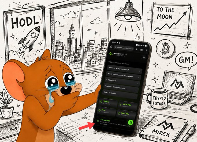 A tearful cartoon mouse cries while holding up a phone screen from "MINEX NETWORK" showing a "KYC approved" notification (highlighted by a red arrow), set in a room decorated with "HODL," "TO THE MOON," and "CRYPTO FUTURE" posters alongside a Monero "M" laptop. The image humorously celebrates surviving the "KYC mini bear market" referenced in the post, depicting the emotional relief of finally passing KYC verification on the Minex platform tied to the #MRXMOON hashtag.