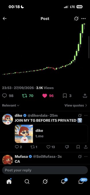 A mobile screenshot of a social media post showing a green trading chart, with a top reply from 'dike' (@dikerdale) saying 'JOIN MY TG BEFORE ITS PRIVATED' with a thumbnail of a cartoon figure.