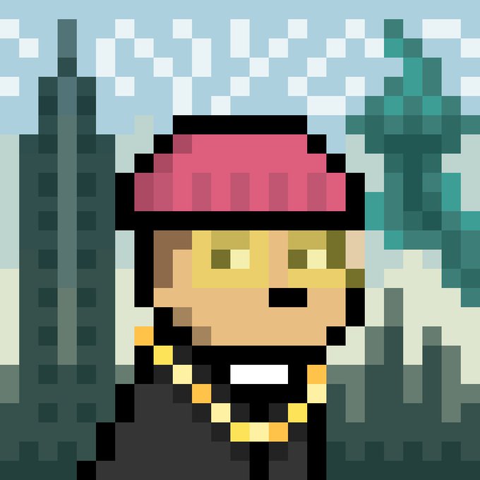 A pixel-art illustration of a character wearing a pink hat and black scarf standing in a forest-like setting with teal trees and a blue sky.