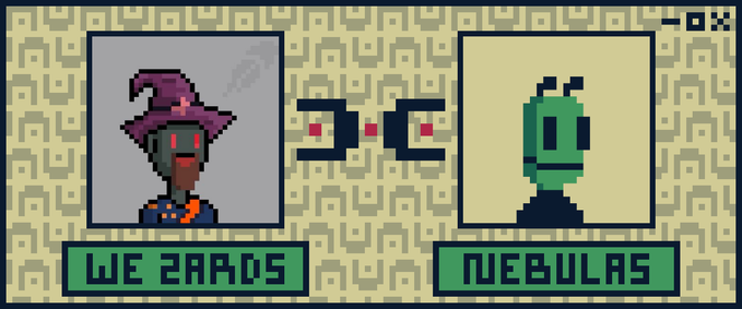 Pixel art tournament graphic showing a 'Wizard' character labeled 'WE ZARDS' facing off against a green alien-like character labeled 'NEBULAS', with a 'J.C' logo in the middle.