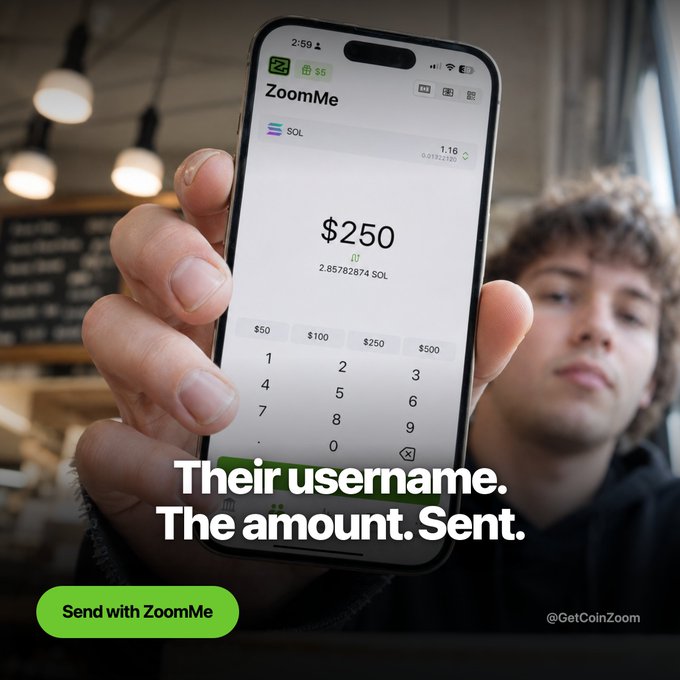 A young man holding a phone displaying the 'ZoomMe' app showing a $250 transaction in SOL, with the caption 'Their username. The amount. Sent.' and a 'Send with ZoomMe' button.