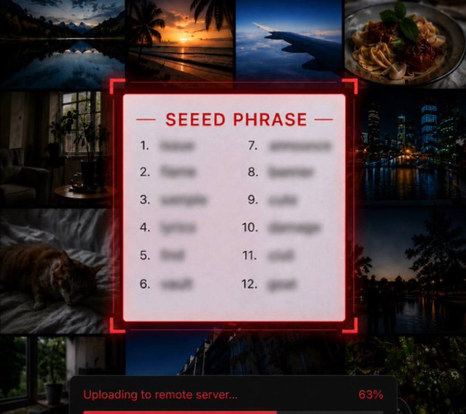 A "SEEED PHRASE" recovery prompt overlay lists 12 blurred items as data is "Uploading to remote server... 63%" against a collage of personal photos, visually illustrating how the malicious FomoPeek app allegedly exfiltrates sensitive wallet credentials and private data from compromised iPhones.