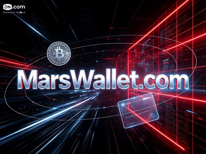 A promotional graphic featuring the MarsWallet.com logo with a Bitcoin coin and a credit card against a futuristic red and blue light-tunnel background, with a DN.com Domain Name watermark.