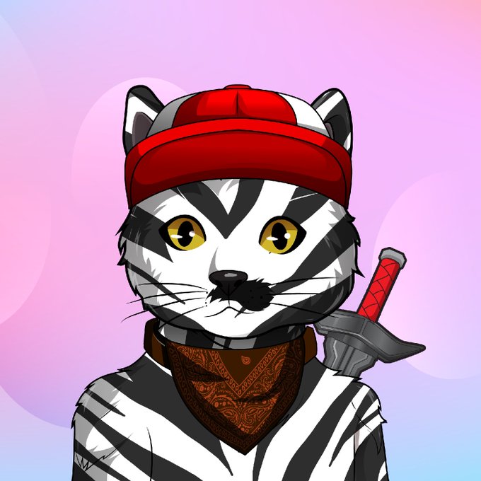 The image shows a stylized anthropomorphic black and white cat character wearing a red baseball cap, a brown patterned bandana, and carrying a gunmetal sword on its back, matching the described "Zoossie" from the PawPets GO Collection with the noted brown bandana, red cap, and metallic sword accessories.