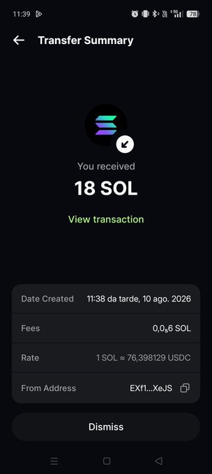 A mobile screenshot of a cryptocurrency wallet shows a 'Transfer Summary' indicating the receipt of 18 SOL, with a conversion rate of 1 SOL ≈ 76.398129 USDC.