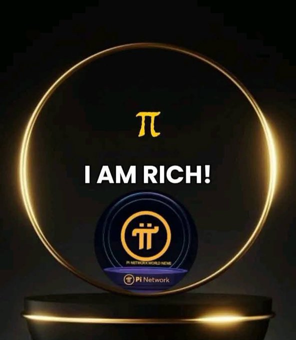 A promotional graphic for Pi Network featuring the pi symbol and the text 'I AM RICH!' above a coin displaying 'π PI NETWORK WORLD WIDE', all encircled by a glowing golden ring on a dark background.