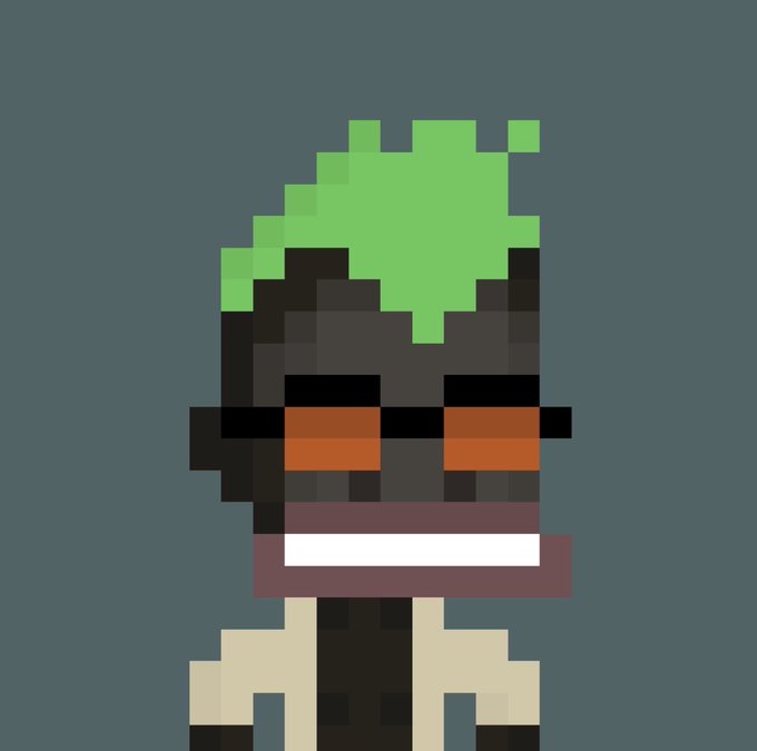 The image features a character with a green headband, wearing glasses and a lab coat. The character appears to be smiling and has a unique appearance due to their green hair and glasses. The background of the image is dark blue, which contrasts with the character's vibrant green hair. There are no other objects or text in the image besides the character and the background color.