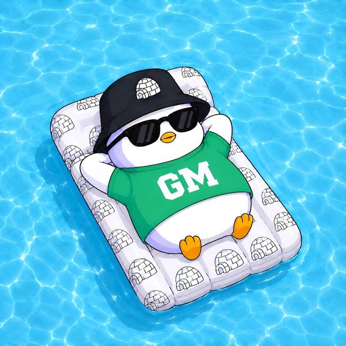 The image features a cartoon penguin wearing sunglasses, a green shirt with "G" written on it, and a hat that reads "GM", floating on an inflatable raft in water. The background of the image shows a blue body of water, which complements the overall theme of the post. The text "GM to all pudgy legends Wish everyone wonderful weekend" is also present in the image.