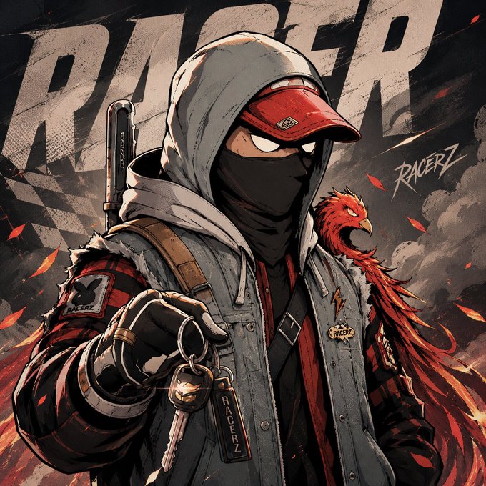 The image features a person wearing a hoodie, a baseball cap, and a backpack with a keychain attached to it. They are holding a set of keys and appear to be in a fighting stance or ready for action. The background shows a dark sky filled with smoke, which adds an element of danger and intensity to the scene. The post that accompanies this image reads: "Its @Racerz_eth day". This phrase is likely meant as a reference to the current situation or theme of the artwork, possibly related to the character's role in the story or the overall concept behind the piece.