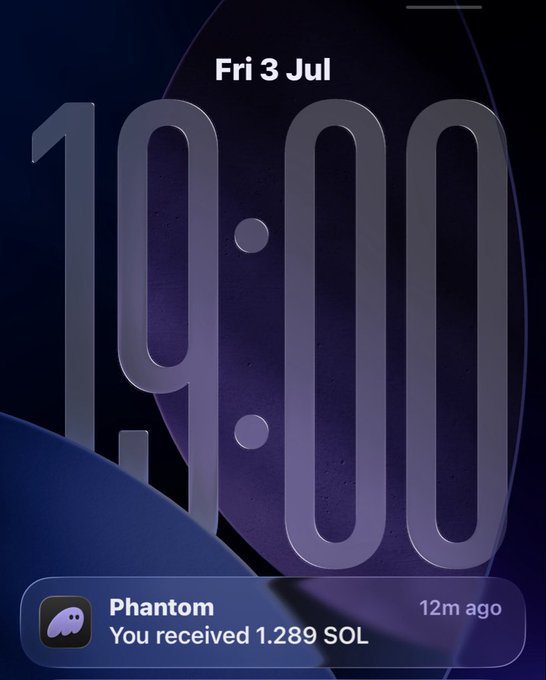 A lock screen displays 9:00 on Fri 3 Jul with a notification showing "Phantom: You received 1.289 SOL" received 12 minutes prior. The post celebrates an early-morning Web3 job payout, with the 9:00 timestamp near the 7 o'clock job reference, illustrating that the Phantom crypto wallet alert confirmed the incoming SOL payment shortly after the work was completed.