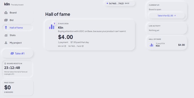 A dashboard showing 'Hall of fame' for a project named 'klin', noting a $4.00 payment paid on 31 AUG 2024.