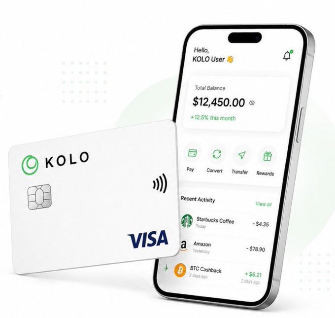 iphone and wallet displaying KOLO Visa transaction details, including $12,450.00 balance and recent activity of $12,500.00 transfer.