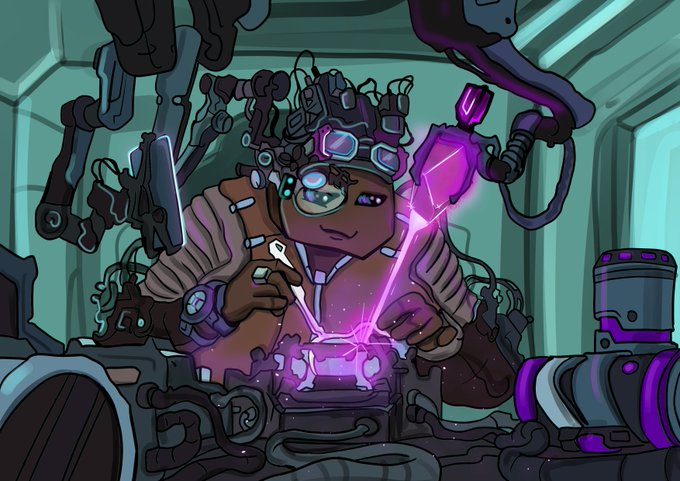 A stylized illustration of a character wearing a complex mechanical headpiece with goggles and numerous robotic arms/appendages, using glowing purple energy tools to work on machinery in a teal-lit environment.