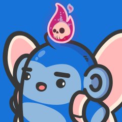 A cartoon illustration of a blue mouse-like character with large ears, wearing headphones, with a small pink flame-shaped creature on its head.