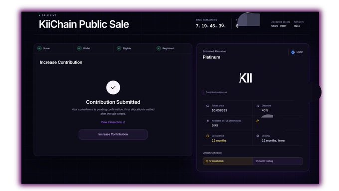 A screenshot of the KiiChain Public Sale webpage showing a 'Contribution Submitted' confirmation, with Platinum tier details including a token price of $0.058333, 40% discount, and 12-month lock period.