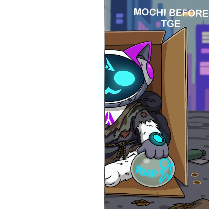 The image shows a robot cat character labeled "MOCHI BEFORE TGE" sitting in a cardboard box holding a "POAP" ball, with an empty white canvas on the left side inviting viewers to create their own "MOCHI AFTER TGE" version as part of a creative challenge for the GenLayer community.