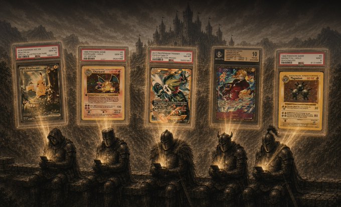 Five hooded knights sit in silhouette against a dark, gothic castle backdrop, each holding a glowing card that displays a Pokemon trading card with prices and text such as "Charizard," "Pikachu," and values ranging from $10 to $100. The image ties into the post's theme of stepping away from chaotic open-battlefield combat to enjoy a peaceful moment opening Pokemon packs with a Solflare wallet.