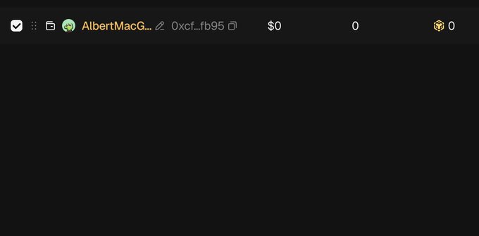 The image shows a digital wallet interface displaying "AlbertMacG..." with the address 0xcf...fb95 alongside a balance of $0 and 0 BNB tokens. This matches the user's BNB wallet address provided in the caption, showing an empty wallet balance.