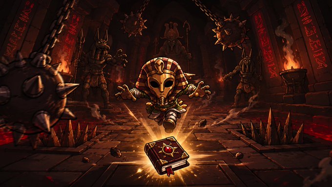 A dramatic fantasy illustration depicts an Egyptian pharaoh-like character in golden armor lunging toward a glowing magical book in a dark temple adorned with spiked maces and ancient warriors.