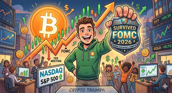 A vibrant cartoon-style crypto illustration showing a man celebrating with text 'SURVIVED FOMC 2026', Bitcoin logos, NASDAQ/S&P 500 references, and 'CRYPTO TRIUMPH' at the bottom.