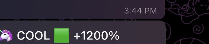 A screenshot of a chat message timestamped 3:44 PM displays a unicorn emoji followed by the text "COOL" with a green square and "+1200%", likely indicating a 1,200% price increase on an Arc-related meme token. This visual emphasizes the significant gains being referenced in the post about maxbidding on Arc memes ahead of the mainnet launch.