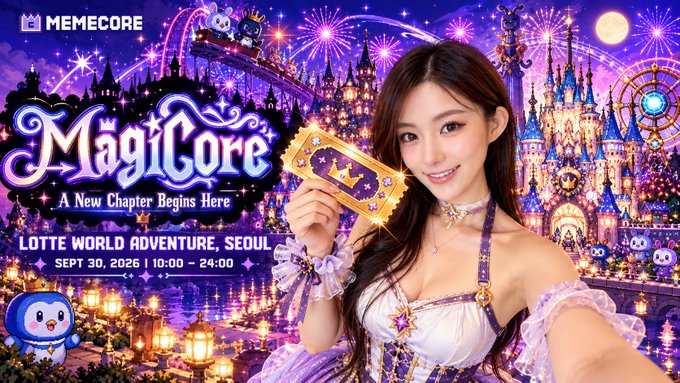 An event poster for 'MagiCore' by MEMECORE advertising a 'Lotte World Adventure, Seoul' event on September 30, 2026, featuring a woman holding a golden ticket against a fantasy castle backdrop.