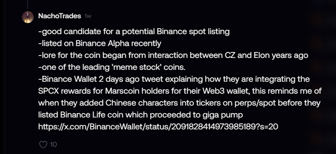 A tweet by NachoTrades discussing Marscoin as a potential Binance spot listing candidate, mentioning Binance Alpha and referencing a Binance Wallet tweet about SPCX rewards integration.