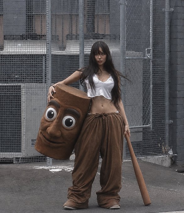 A young woman stands in an industrial setting wearing baggy brown pants and a white top, holding a large plush log with a cartoon face featuring big eyes, while also holding a wooden baseball bat. The whimsical, meme-like image of the "log lady" holding a baseball bat playfully references the post's claim that T³ (the original log character) is the "OG" and superior meme, regardless of how many coin variations of other "dumb frog" characters exist.